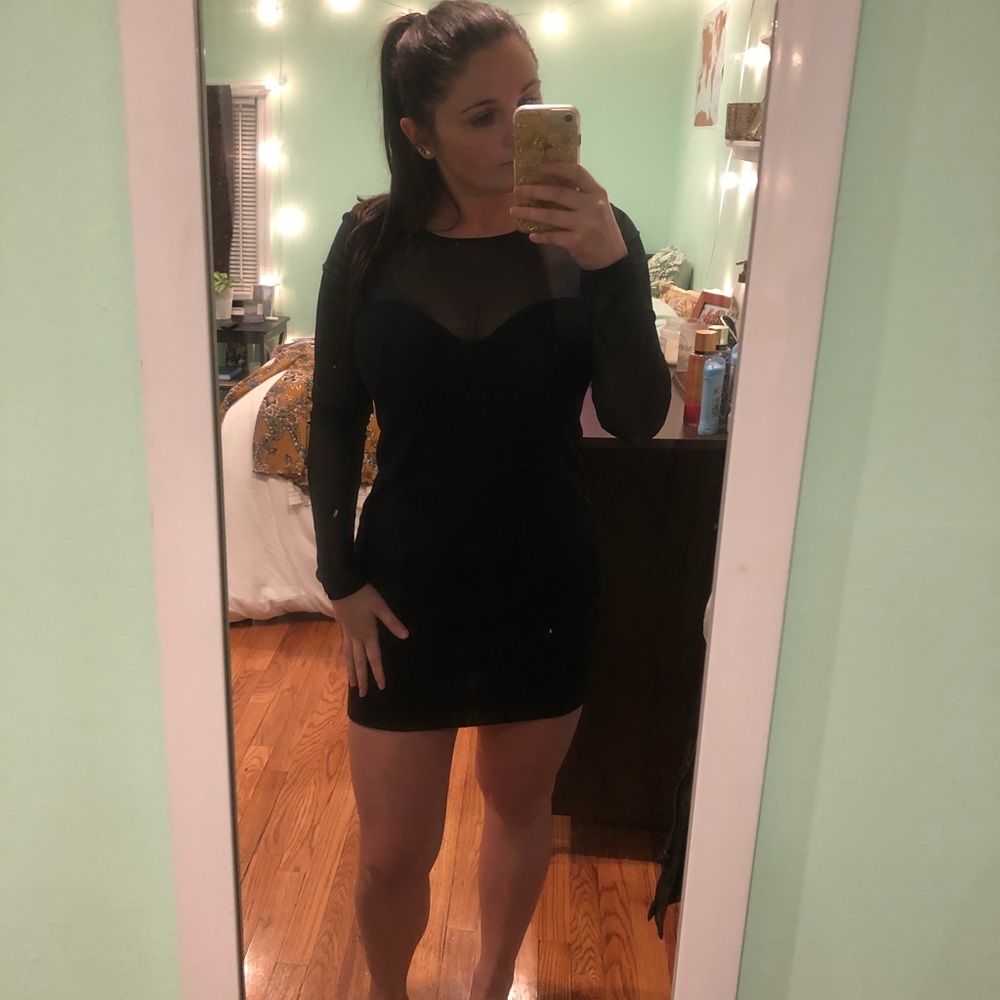 black bodycon dress with mesh long sleeve